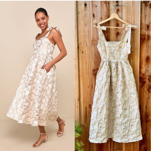 Lulus Dresses & Skirts - Lulu’s Cream & Gold Floral Jacquard Tie Strap Pockets Full Skirt MIDI Dress, S
